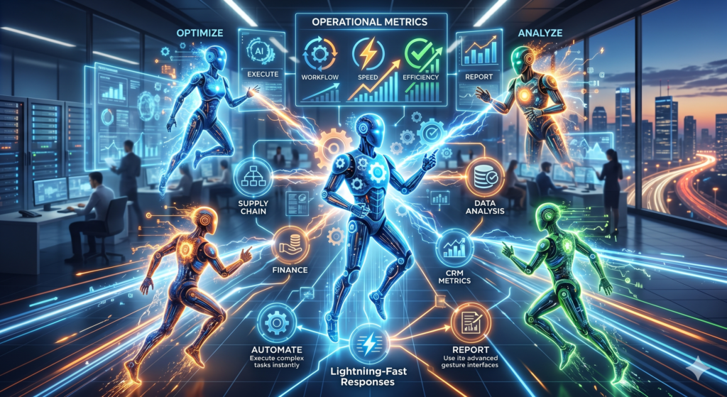 An illustration of multiple AI robot figures in a central hub, optimizing and automating business operations like data analysis and supply chain management with lightning-fast speed.